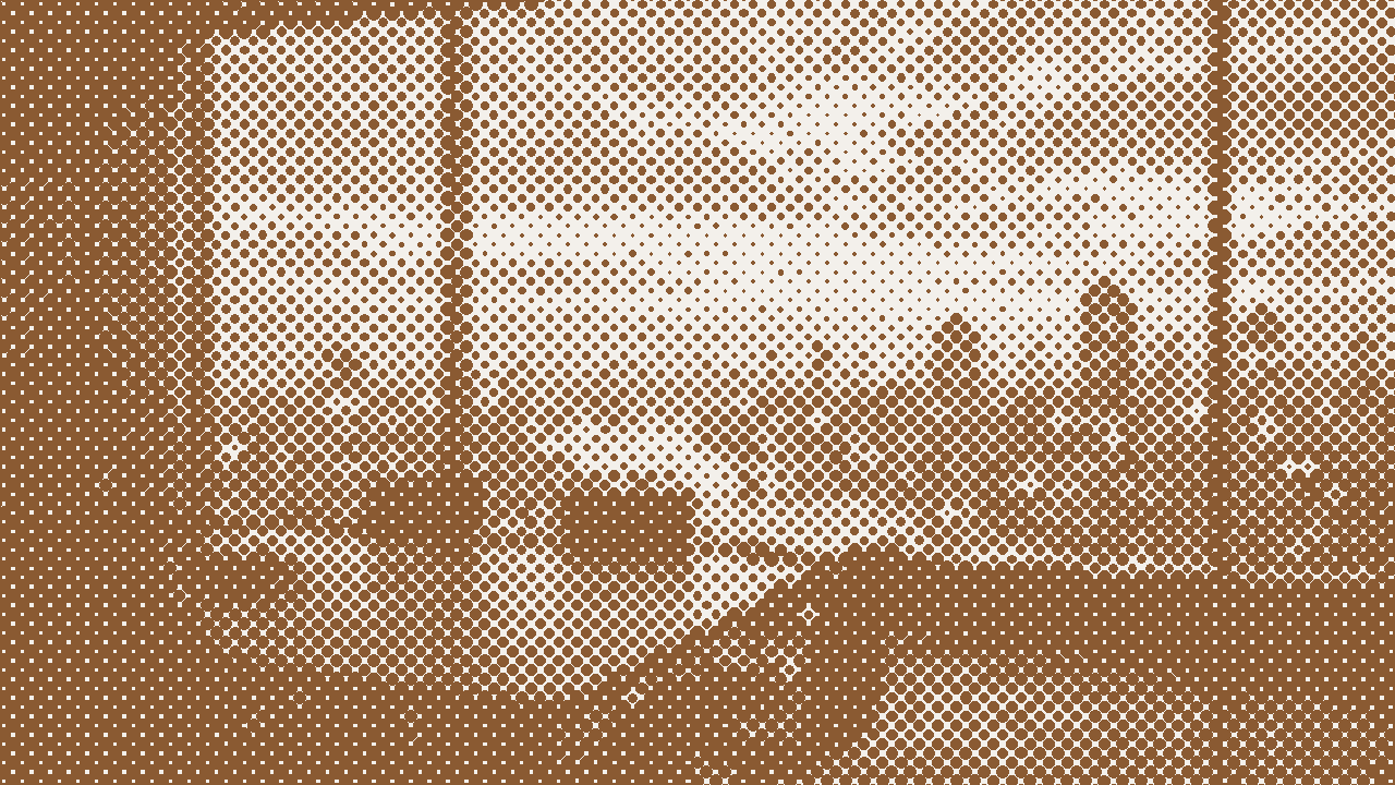 A dark office at dusk, printed as a copper halftone
